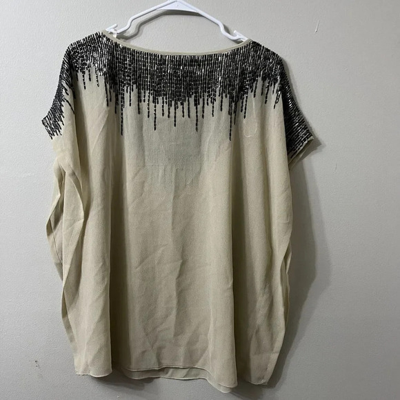 Adrianna Papell Womens Beige Blouse L Beaded Scoop Neck Pullover Top - Picture 7 of 8